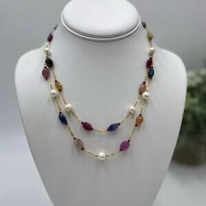 V Quartz Topaz Sapphire Citrine Freshwater‎ Pearl Gold Vermeil Layer Necklace